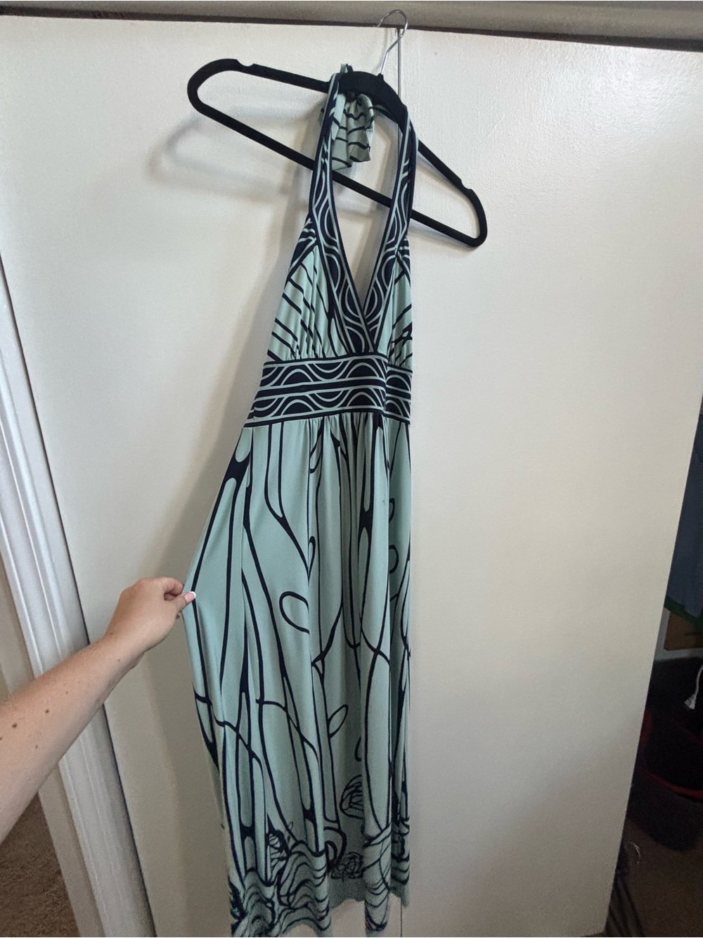 BCBGMaxAzria Mint Halter Maxi Dress with Black Graphic Trim